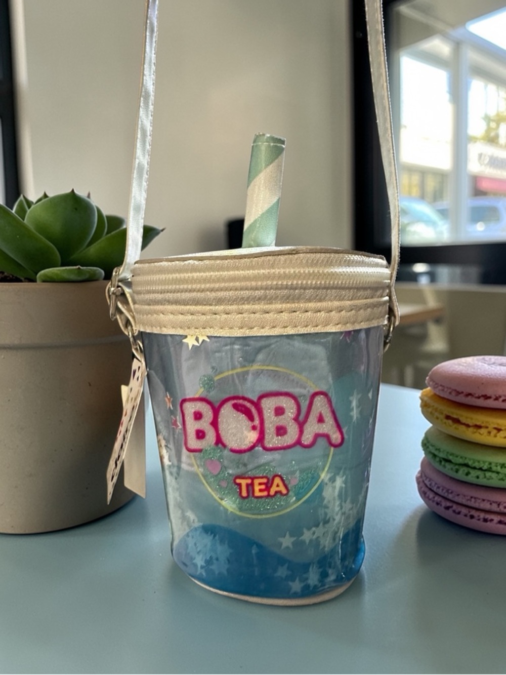 Claire’s Boba Tea Bag, zip closure Blue and iridescent white NWT